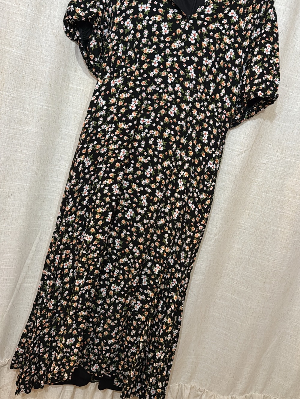Floral V-Neck Midi Dress - Black with Pink & Cream Blossoms